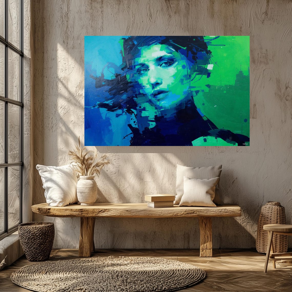 Abstract Blue Green Woman Portrait Glitch Pixelated Modern Art Print