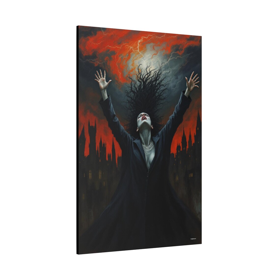Gothic Witch With Raised Arms Summoning A Storm Over A Castle At Night Poster - Image 2
