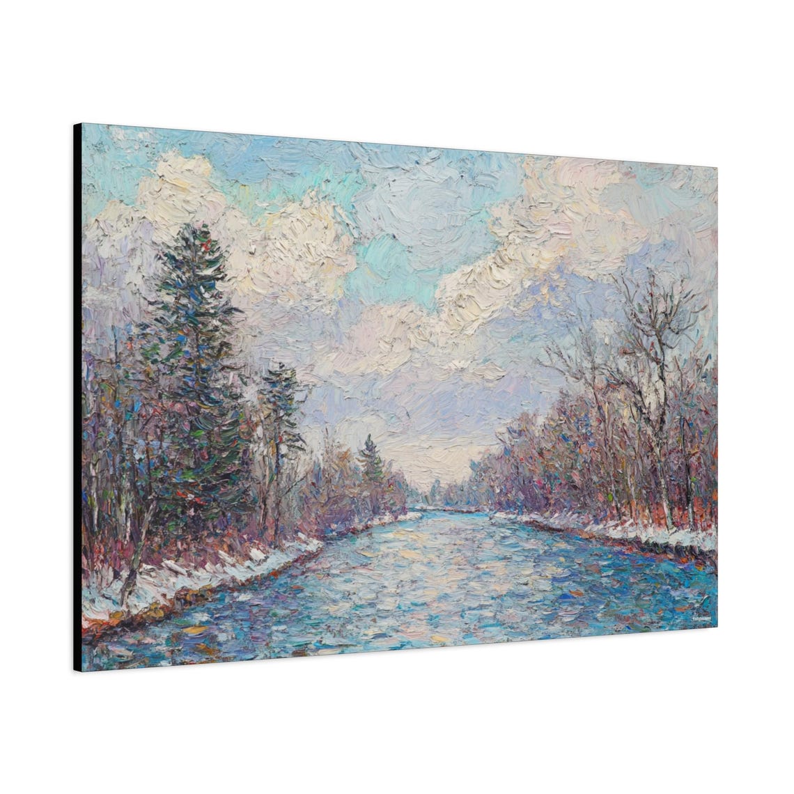 Frosty Winter Stream Snowy Banks Impressionist Forest Art Poster - Image 2