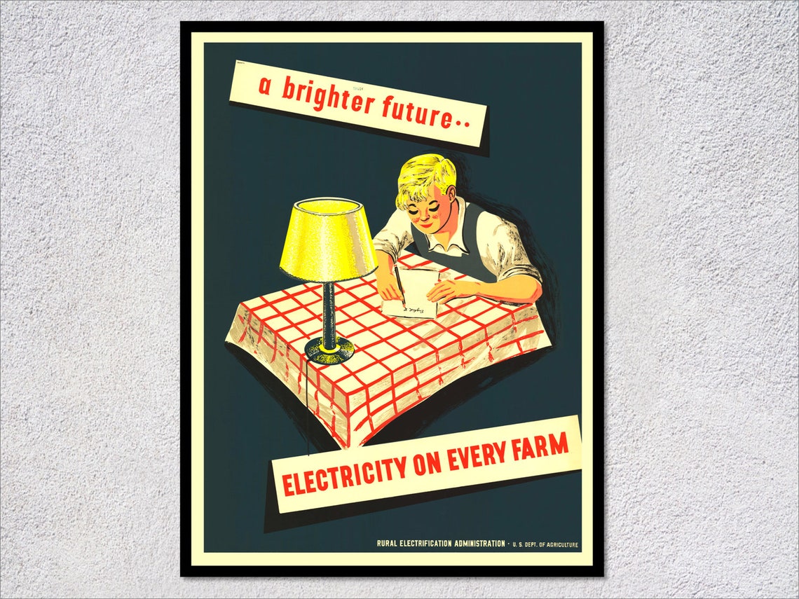 Electricity on Every Farm Boy Reading Lamp Rural 1940s Reprint Poster