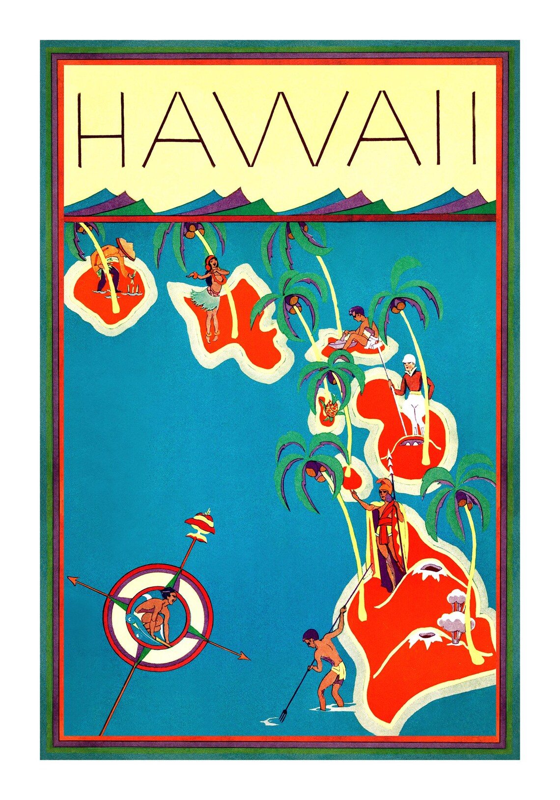 Hawaii Vintage Travel Poster, Mid-Century Tropical Island