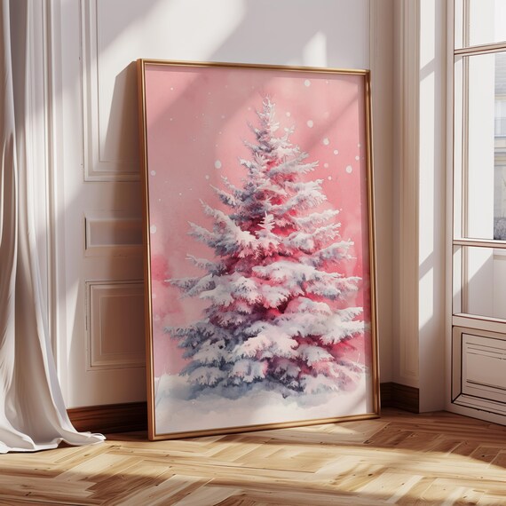 Blush Pink Christmas Tree Watercolor Winter Wonderland Snowfall Poster