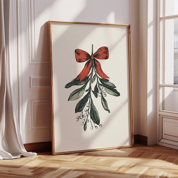 Vintage Mistletoe Red Bow Botanical Christmas Holiday Wall Art