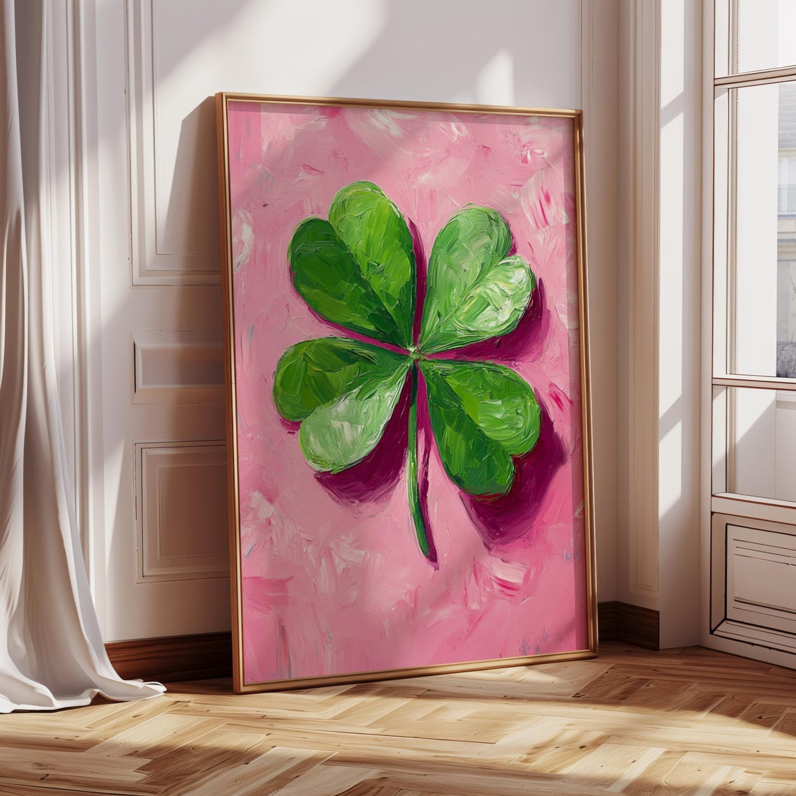Pink Four Leaf Clover Oil Painting Trendy Green Lucky Charm Wall Art