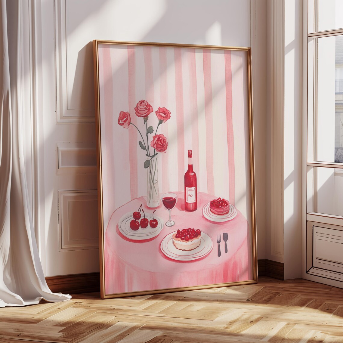Pink Table Setting Roses Wine Cherry Cakes Sweet Dining Room Art Poster