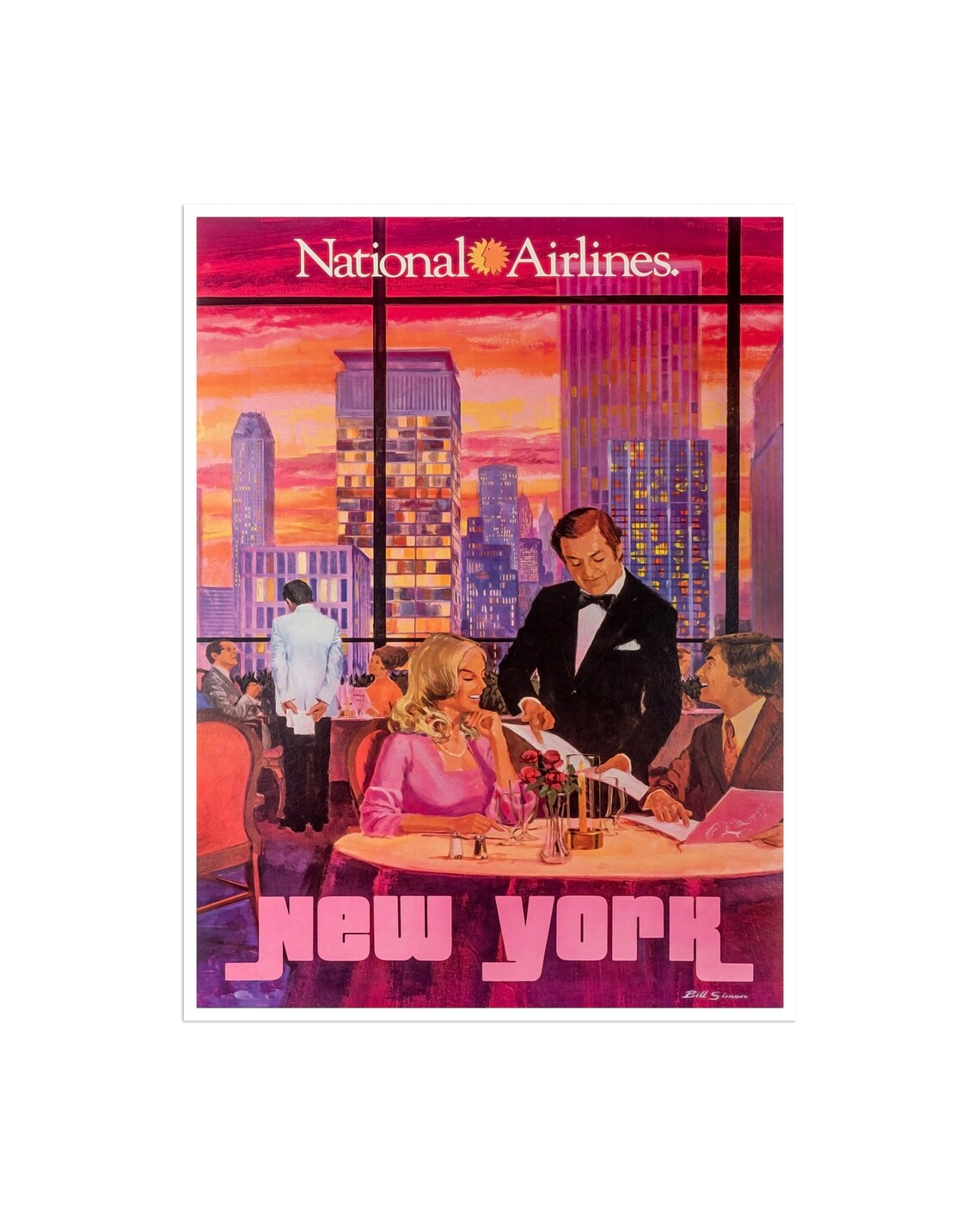 New York National Airlines Sunset Dinner City Lights Vintage Poster