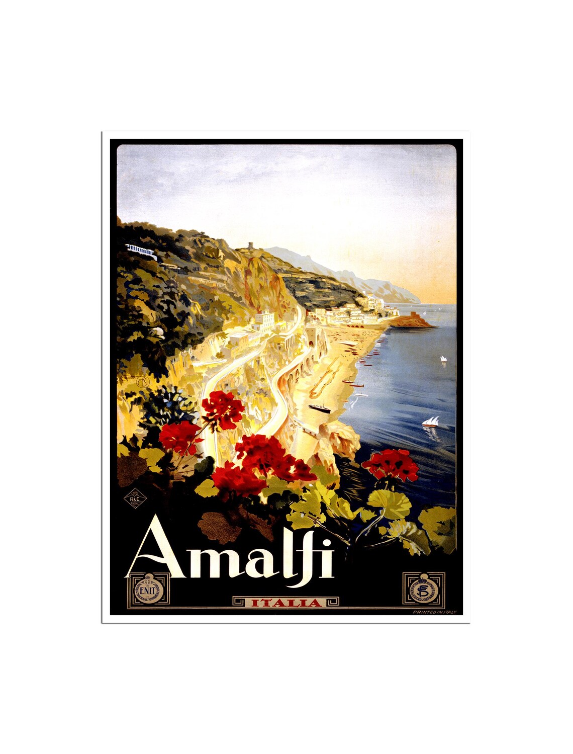 Amalfi Italia Vintage Coastal Road Sea Geraniums Travel Poster