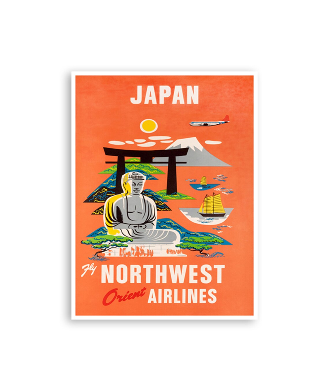 Japan Vintage Northwest Orient Airlines Buddha Fuji Travel Poster