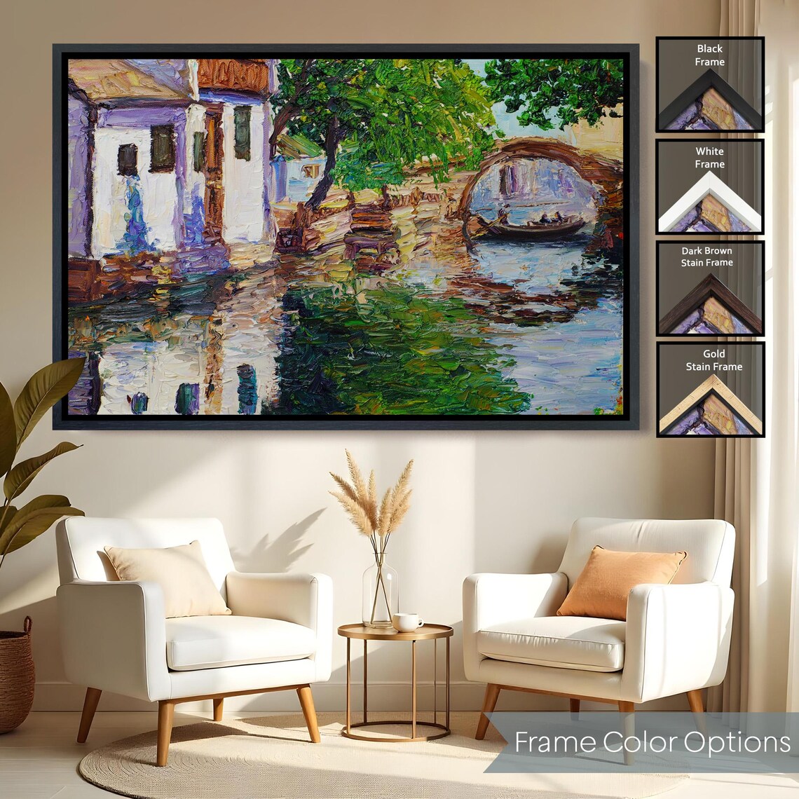 Old Stone Bridge Canal Gondola Boat Impasto European Old Town Poster - Image 2