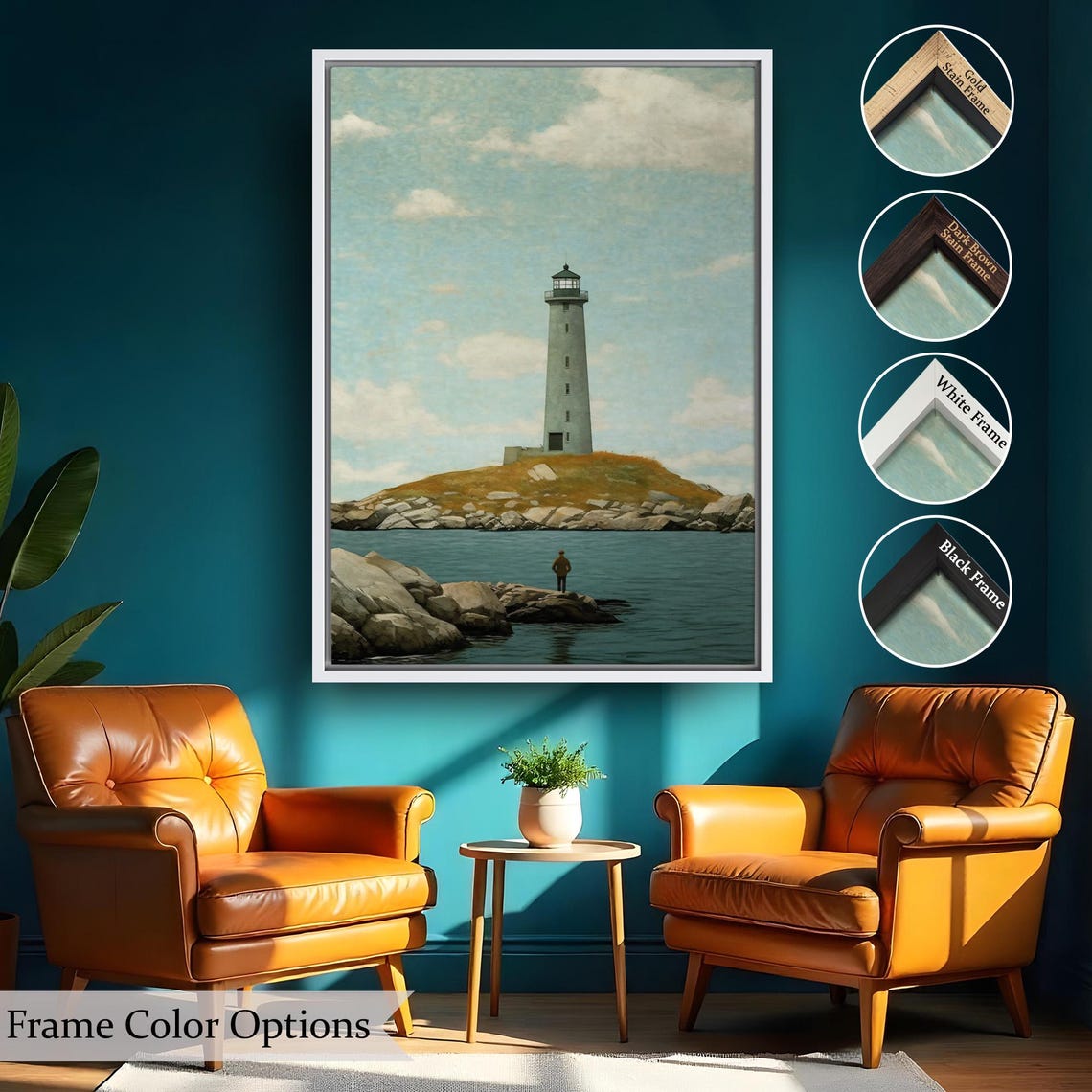 Lighthouse Rocky Island Lone Figure Teal Sea Serene Coastal Poster - Image 2
