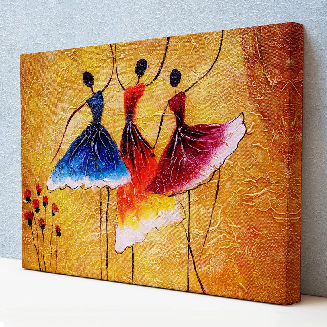 Three Dancing Figures Flowing Dresses Gold Textured Background Poster