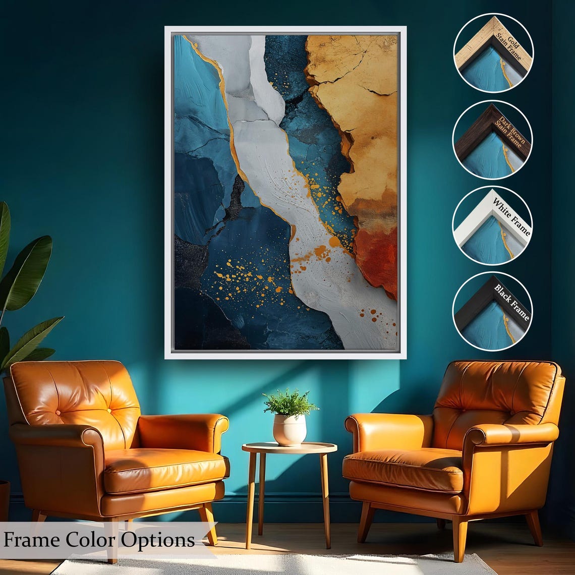 Teal Blue Gold Marble Abstract Modern Textured Wall Art Painting - Image 2