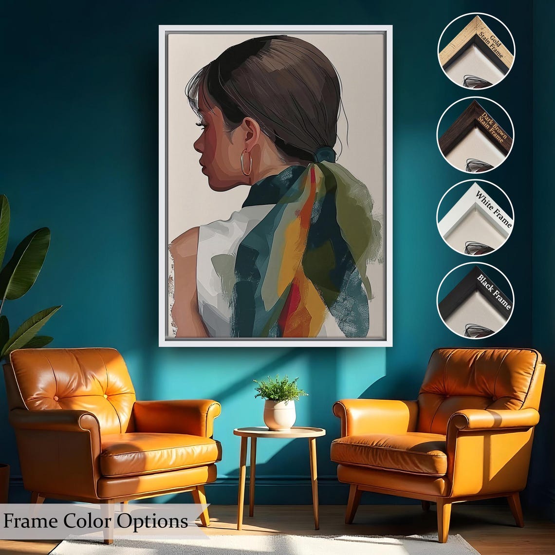 Elegant Woman Profile Colorful Scarf Hoop Earring Painterly Art Poster - Image 2