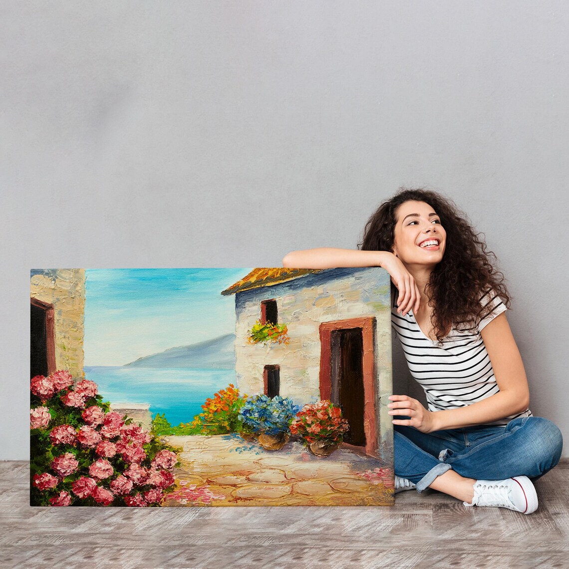 Mediterranean Stone Cottage With Flowers Beautiful Seaside Art Poster - Image 4