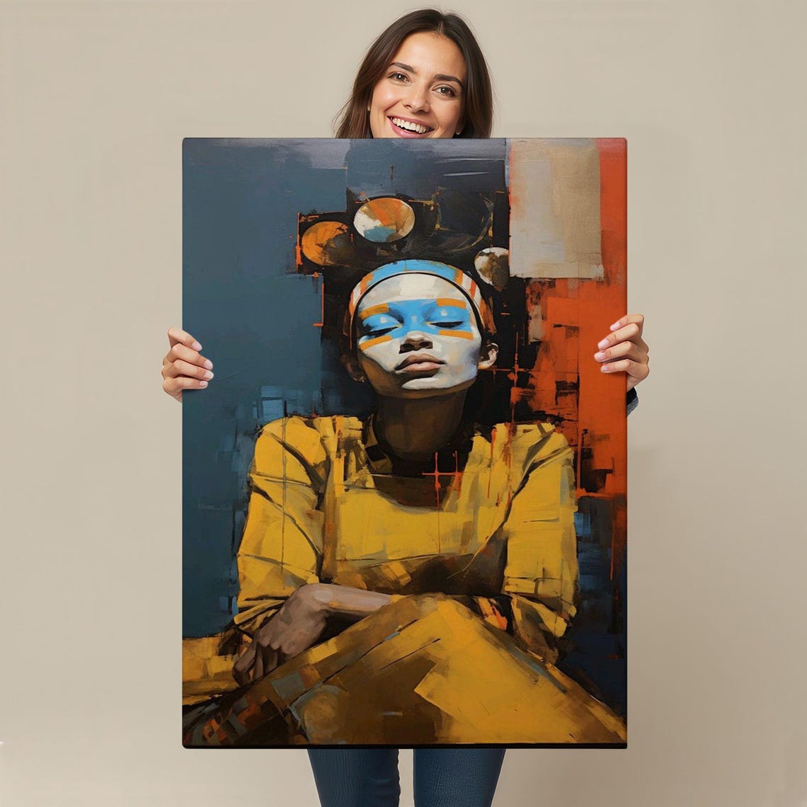 Abstract Woman Portrait Blue Face Paint Bold Modern Art Poster - Image 4