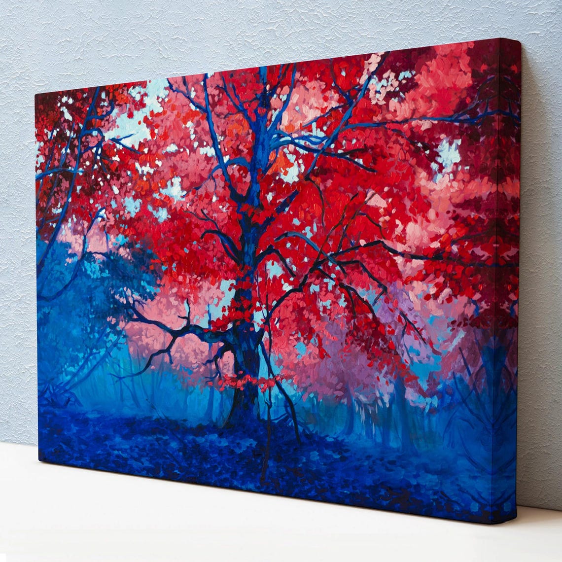 Fiery Red Autumn Tree Deep Blue Forest Oil Painting Art Poster