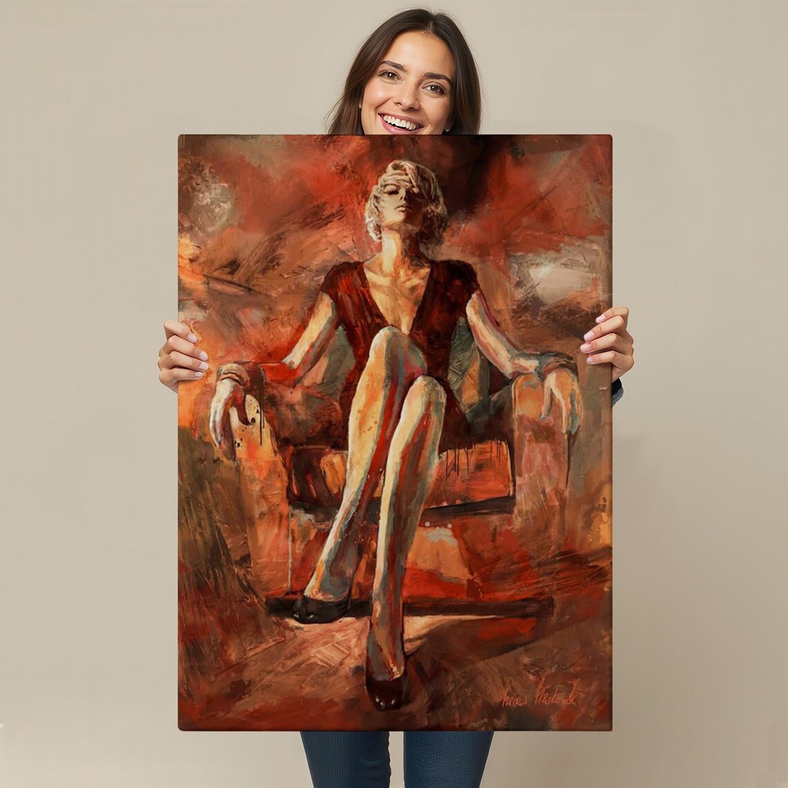Seated Woman In Red Dress On Sofa Warm Impressionist Oil Painting Poster - Image 4