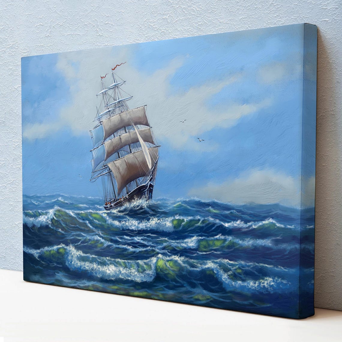 Tall Sailing Ship Full White Sails Blue Ocean Waves Art Print