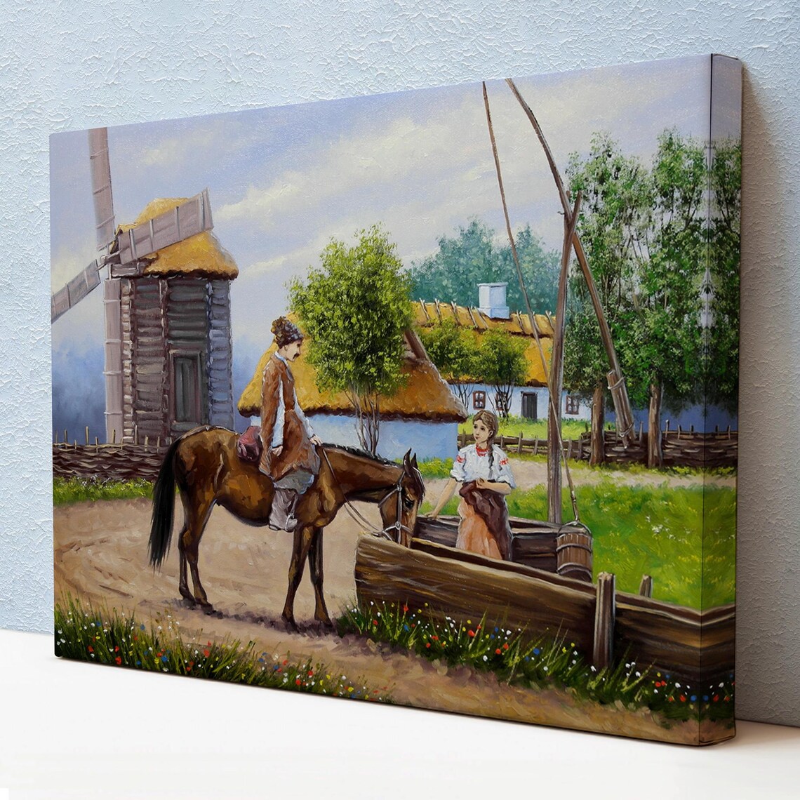 Horse Rider At The Village Windmill Folk Countryside Art Poster