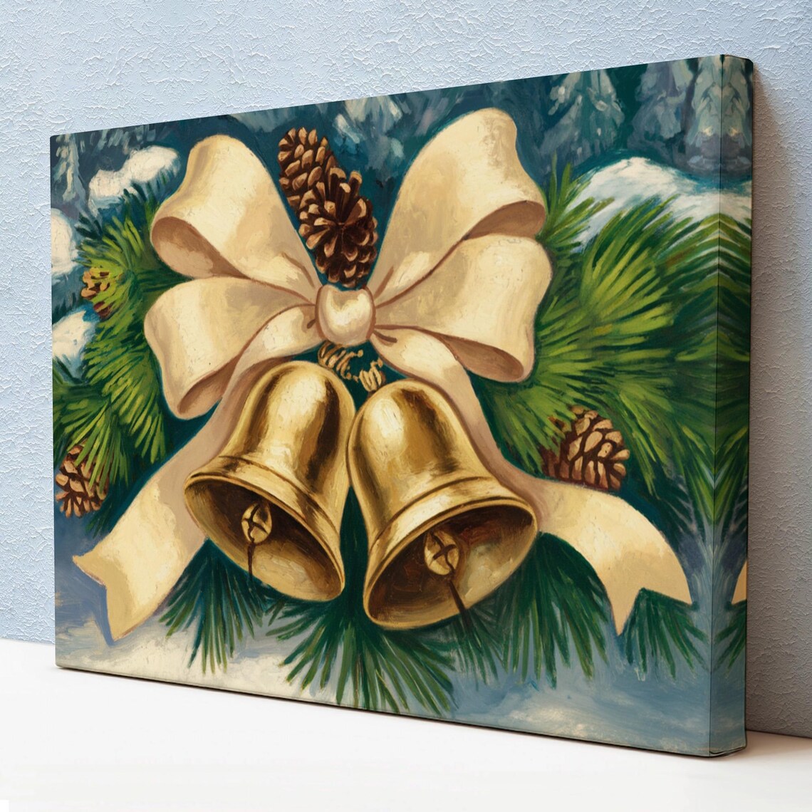 Golden Christmas Bells Cream Bow Pinecones Vintage Holiday Wall Art