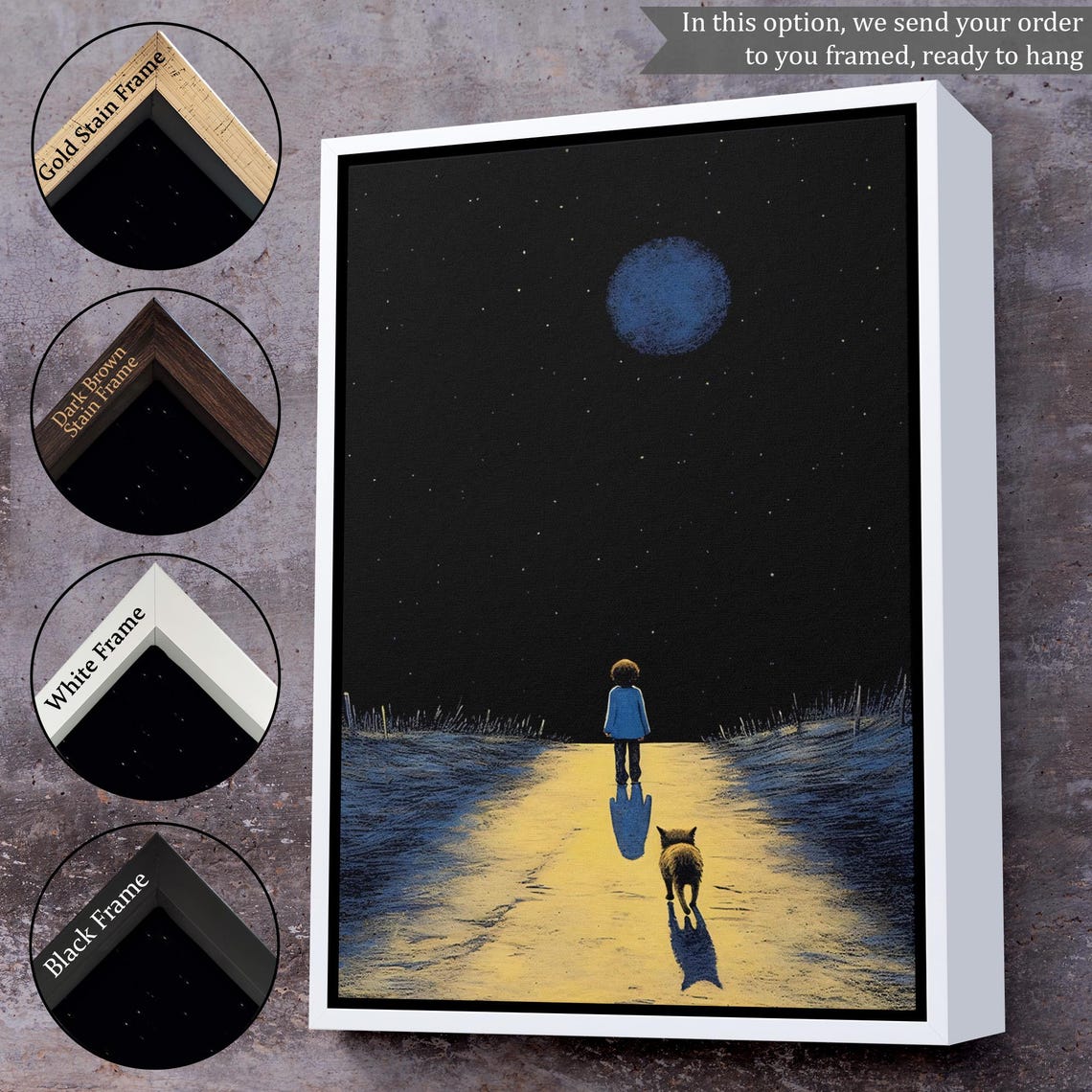 Child And Dog Walking On A Moonlit Path Under Starry Night Sky Poster - Image 3