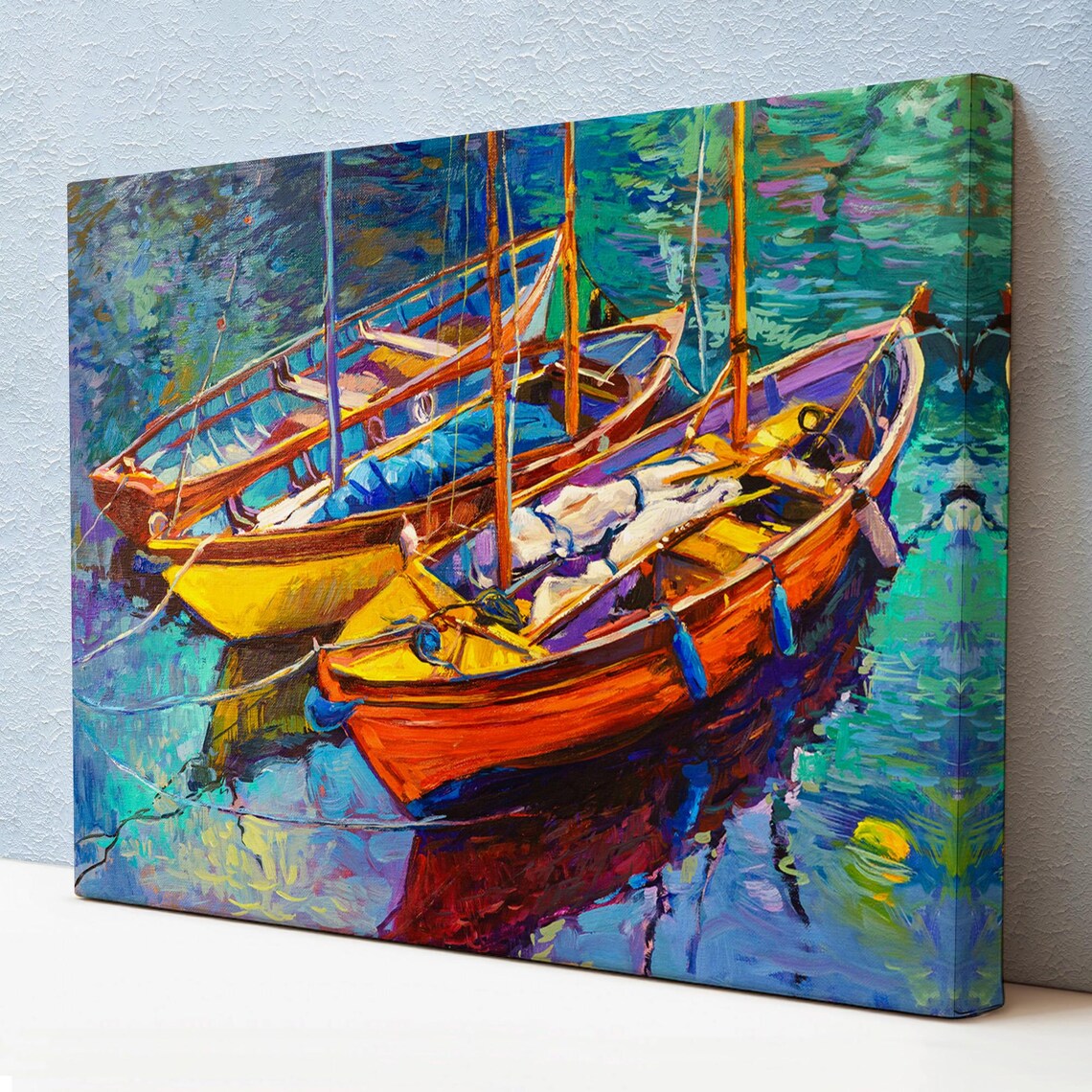 Colorful Fishing Boats Harbor Oil Painting Vibrant Marina Scene Poster