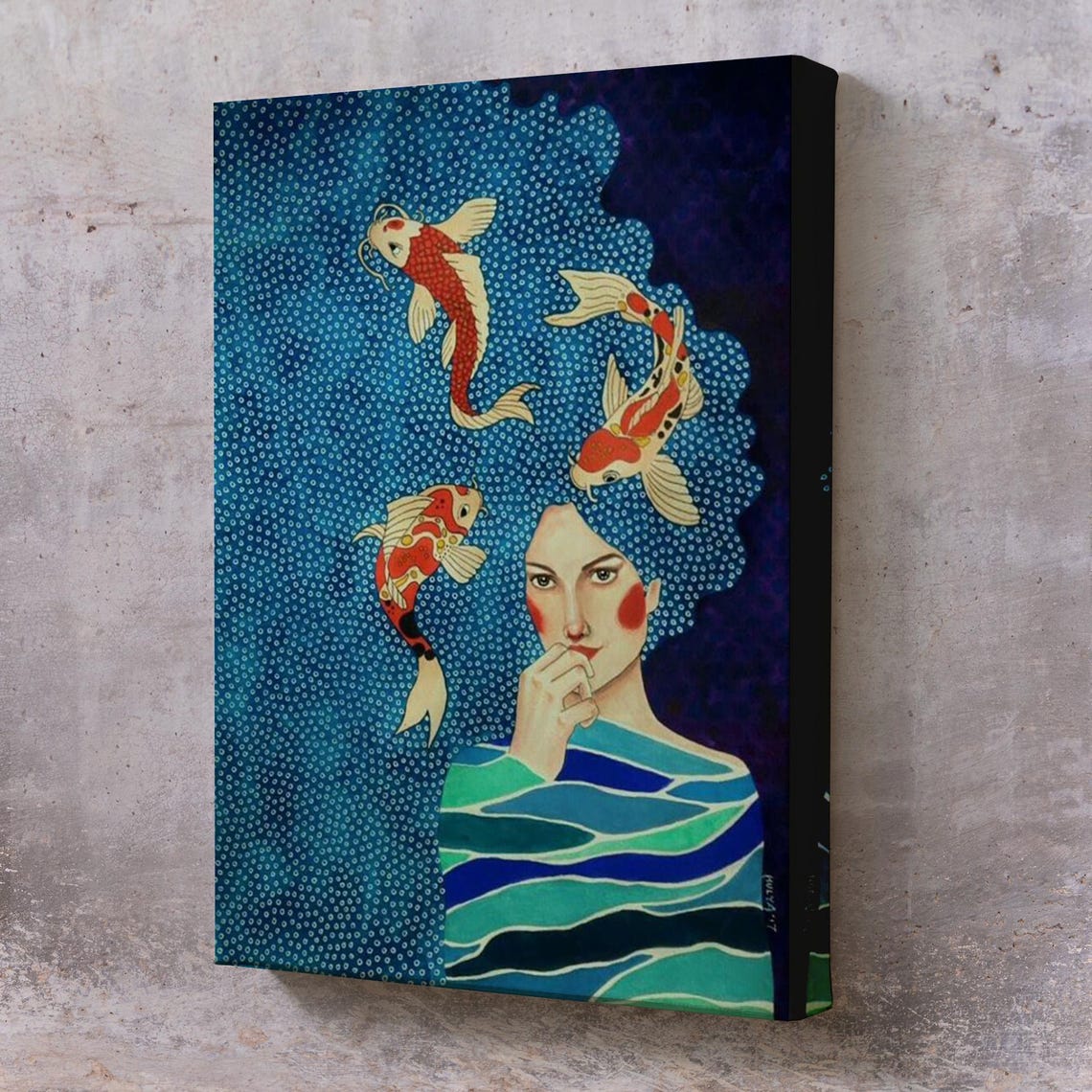 Surreal Woman Koi Fish Blue Wave Hair Dreamlike Ocean Art Poster