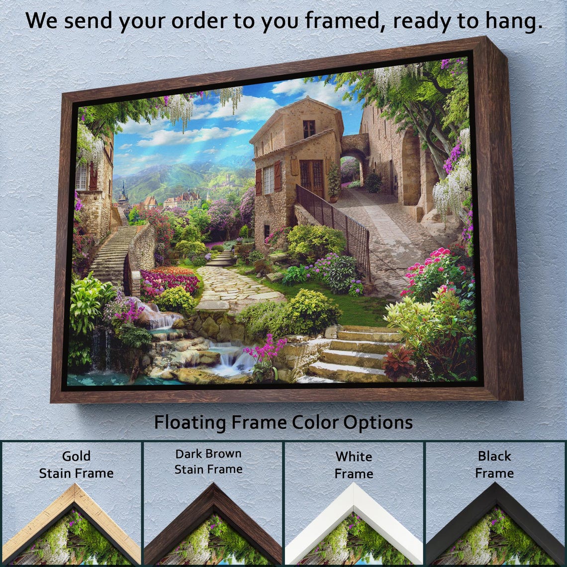 European Village Stone Houses Waterfall Flower Gardens View Poster - Image 3