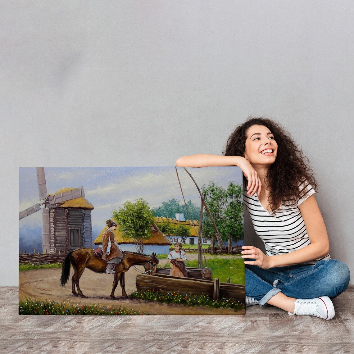 Horse Rider At The Village Windmill Folk Countryside Art Poster - Image 4