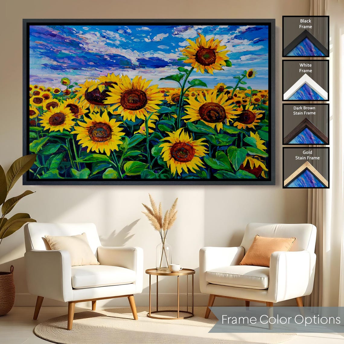 Tall Sunflowers Bright Blue Cloudy Sky Cheerful Summer Garden Poster - Image 2