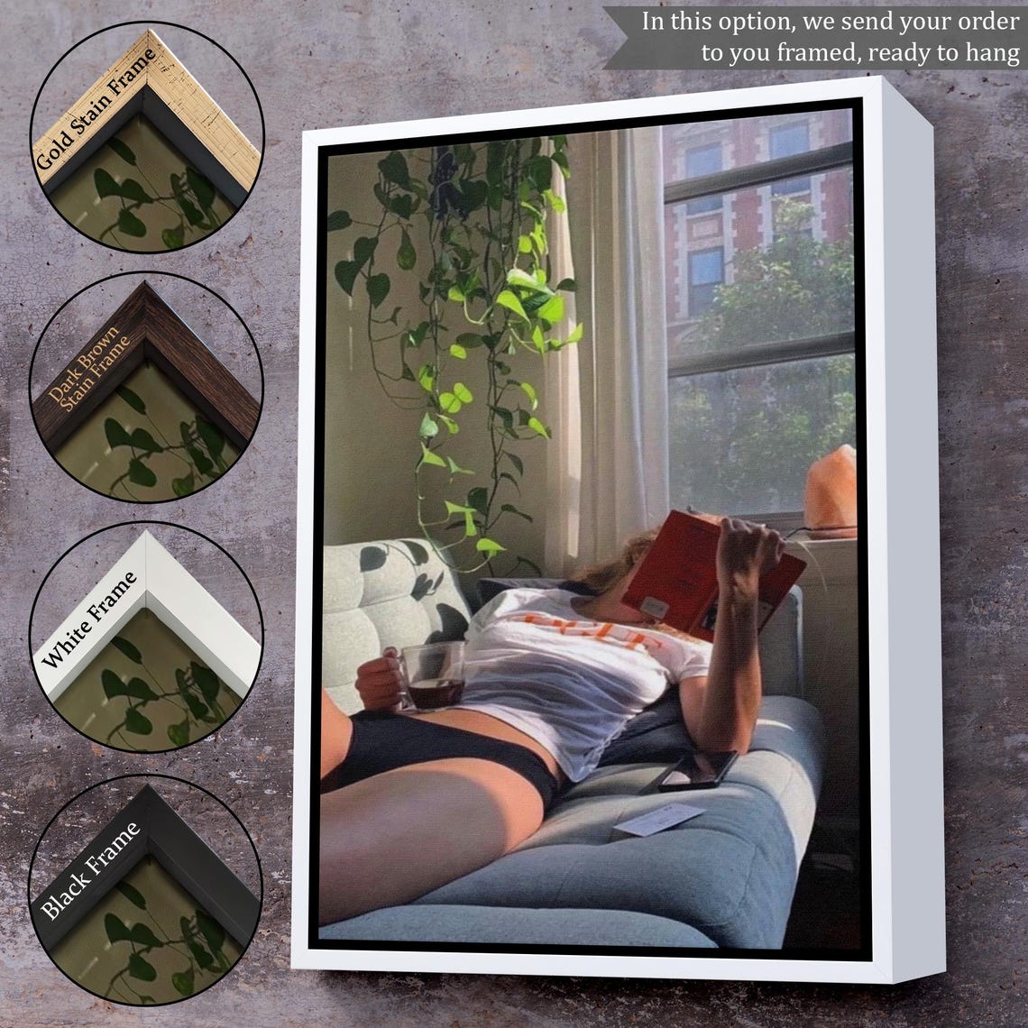 Woman Reading A Book On Cozy Couch With Tea Sunlit Window Wall Art - Image 3
