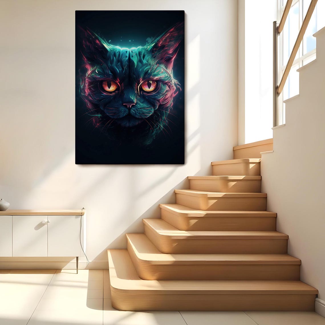 Neon Black Cat Glowing Eyes Dark Cyberpunk Pet Portrait Art Poster - Image 2