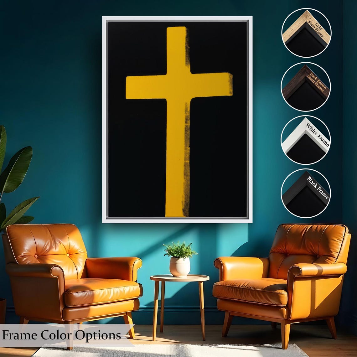 Yellow Cross Black Background Minimalist Christian Art Print - Image 2