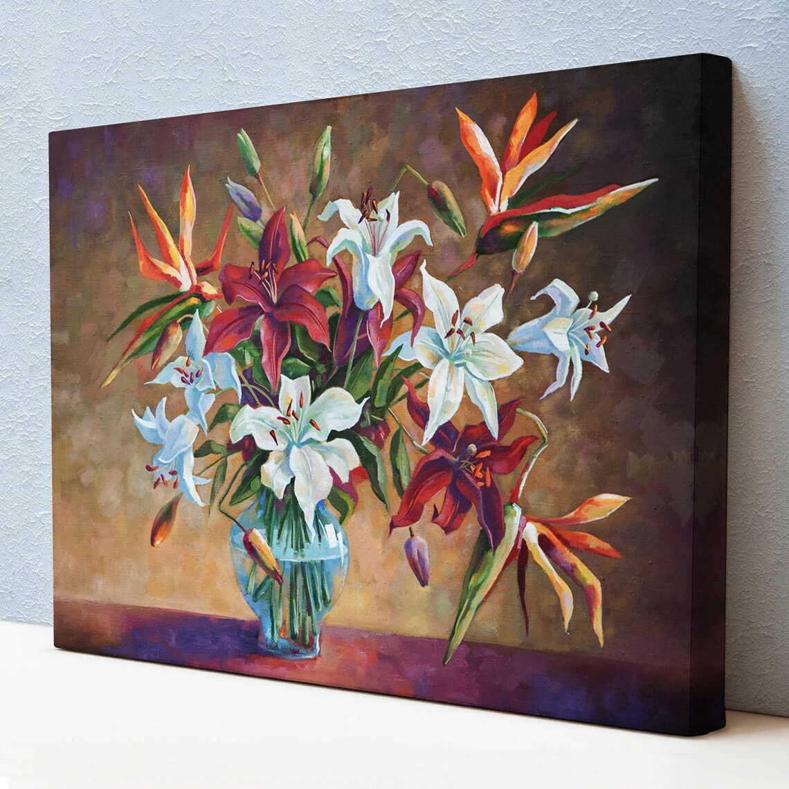 White and Red Lilies Bouquet Glass Vase Still Life Flower Art Poster
