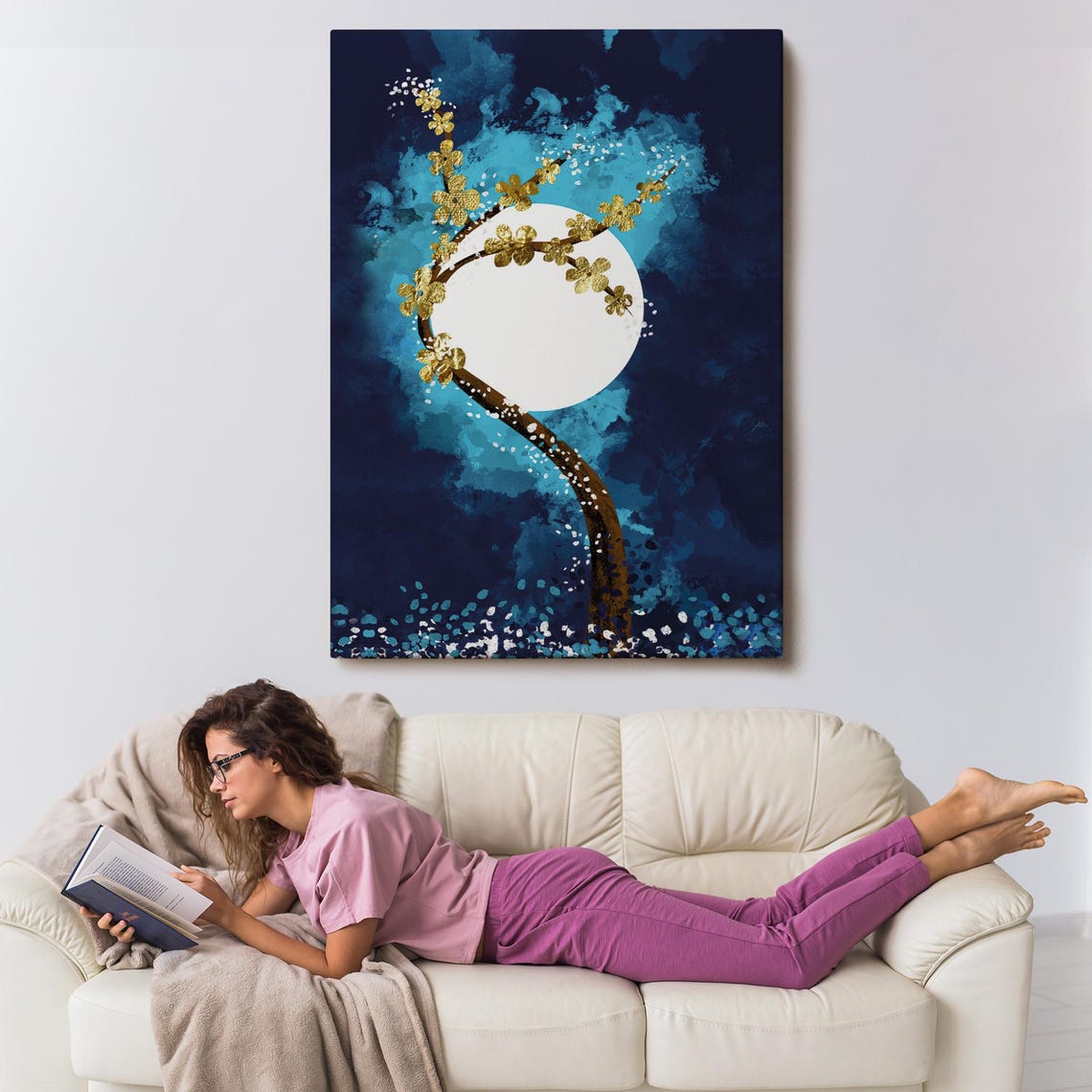 Golden Blossom Branch Full Moon Deep Navy Abstract Modern Art Print - Image 3