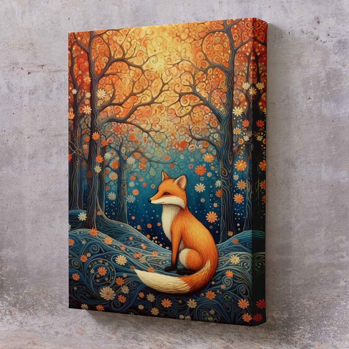 Red Fox Sitting In A Stylized Autumn Forest Teal And Orange Wall Poster