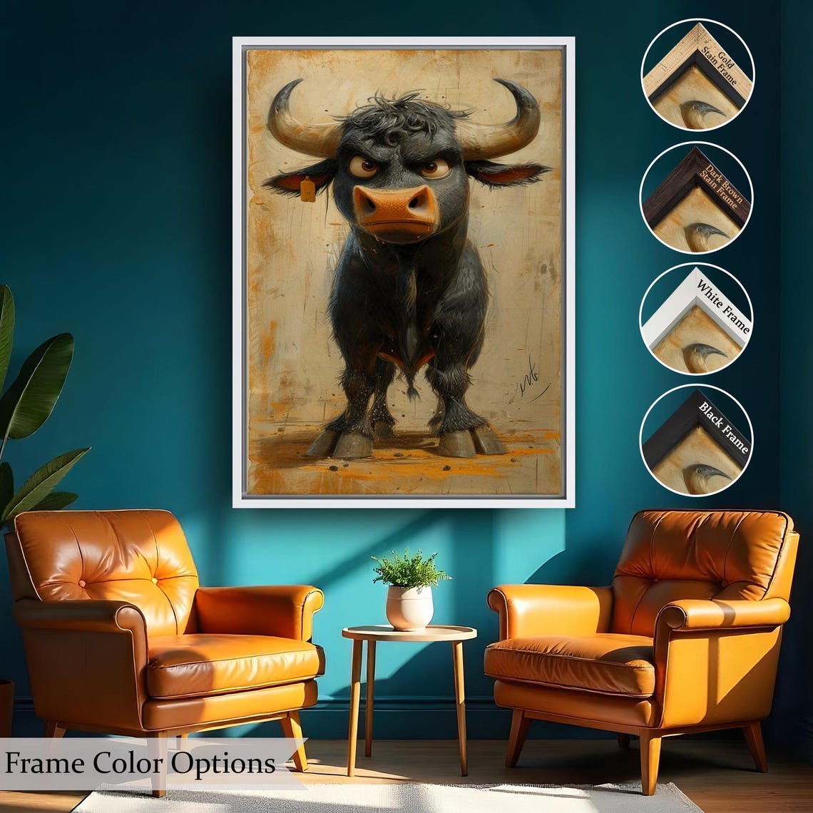Cute Grumpy Bull Cartoon Vintage Style Playful Animal Wall Art - Image 2