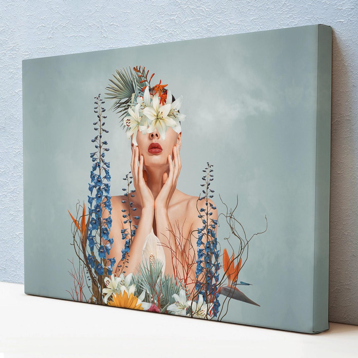 Woman Portrait Surrounded by Flowers Surreal Botanical Art Poster