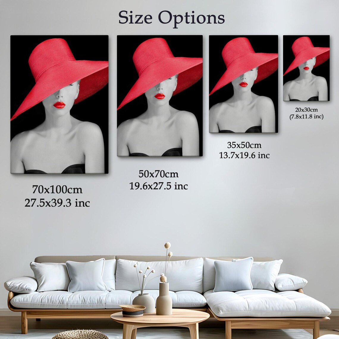 Elegant Woman Red Wide Brim Hat Red Lipstick Black White Fashion Print - Image 4