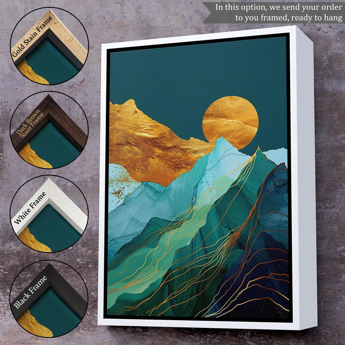 Teal Gold Abstract Mountains Sunset Modern Geometric Art Poster - Image 3