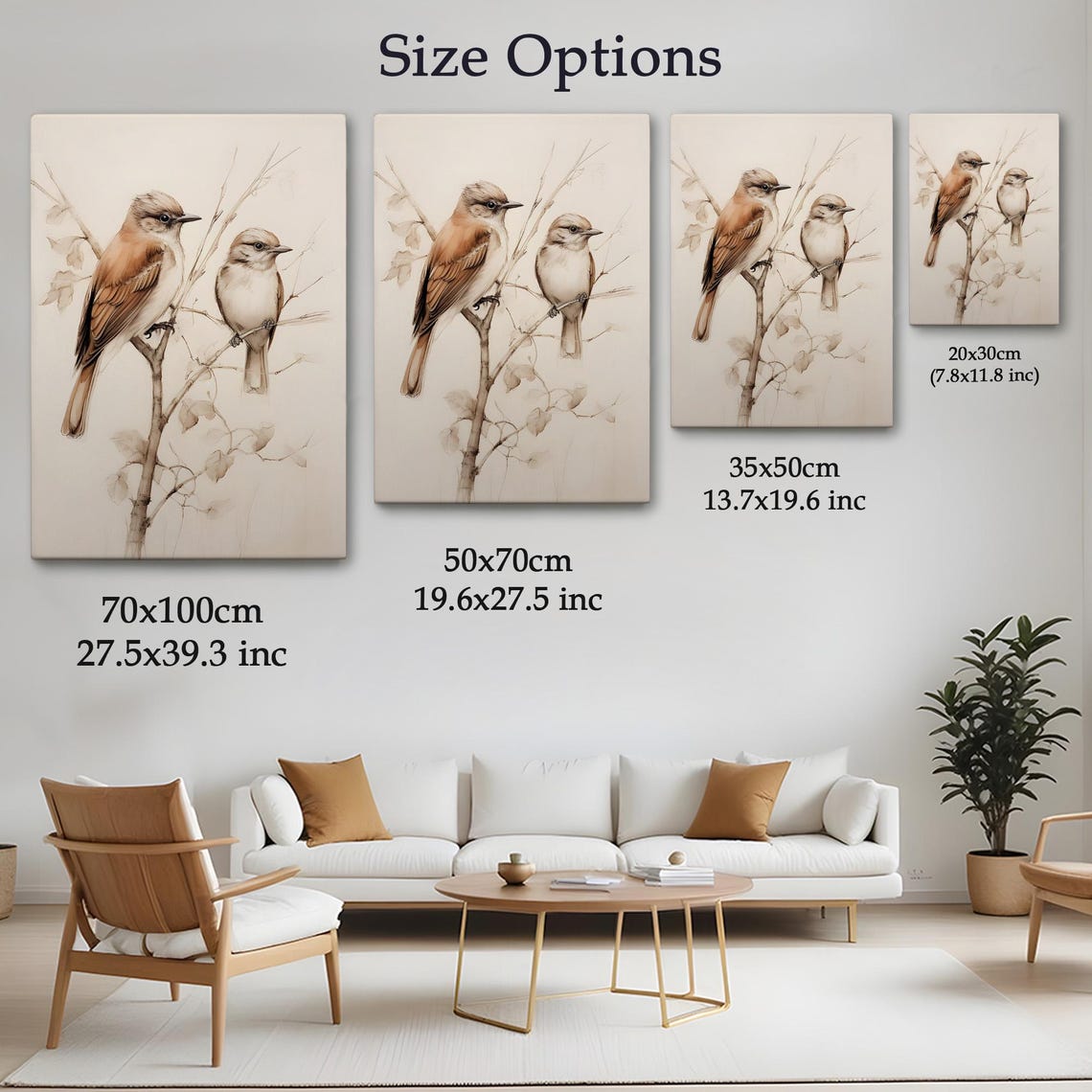 Two Small Birds On A Branch Delicate Sepia Sketch Nature Art Poster - Image 4