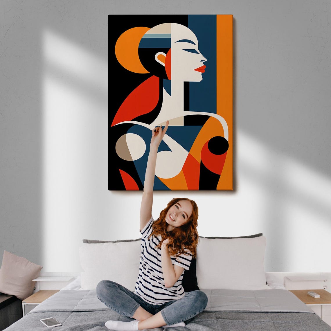 Art Deco Woman Profile Navy Orange Cubist Elegant Portrait Wall Art - Image 3