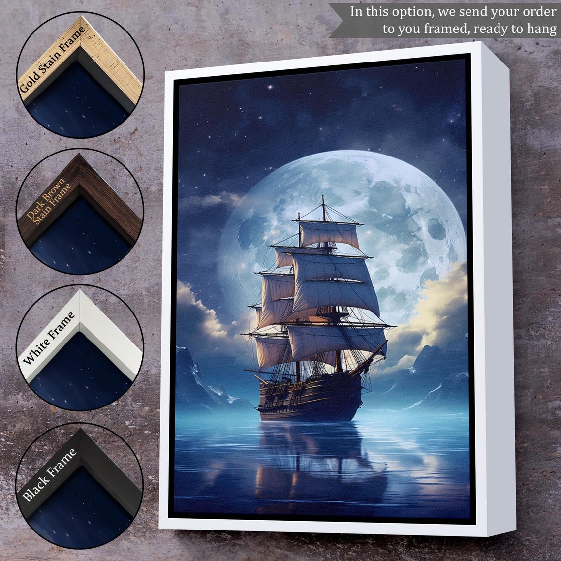 Tall Ship Sailing Under Giant Moon Night Ocean Dreamy Art Poster - Image 3