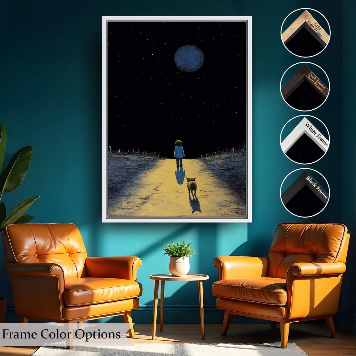 Child And Dog Walking On A Moonlit Path Under Starry Night Sky Poster - Image 2