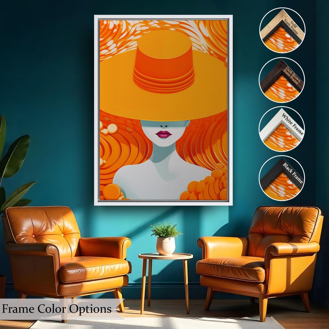 Bold Woman Giant Orange Sun Hat Retro Modern Illustration Poster - Image 2