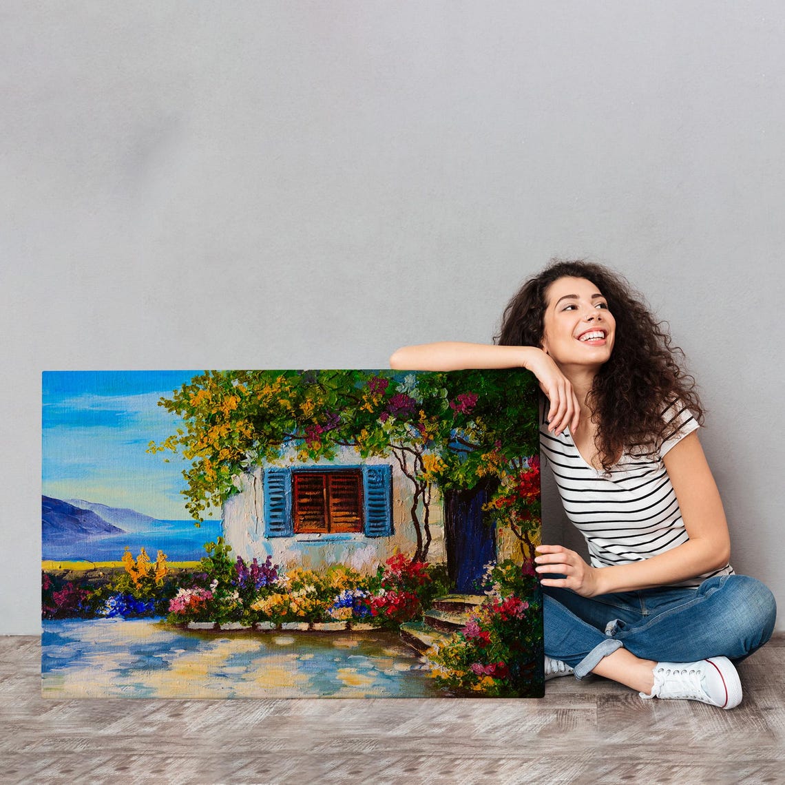 Mediterranean Coastal Cottage Blue Shutters Sea View Flowers Poster - Image 4
