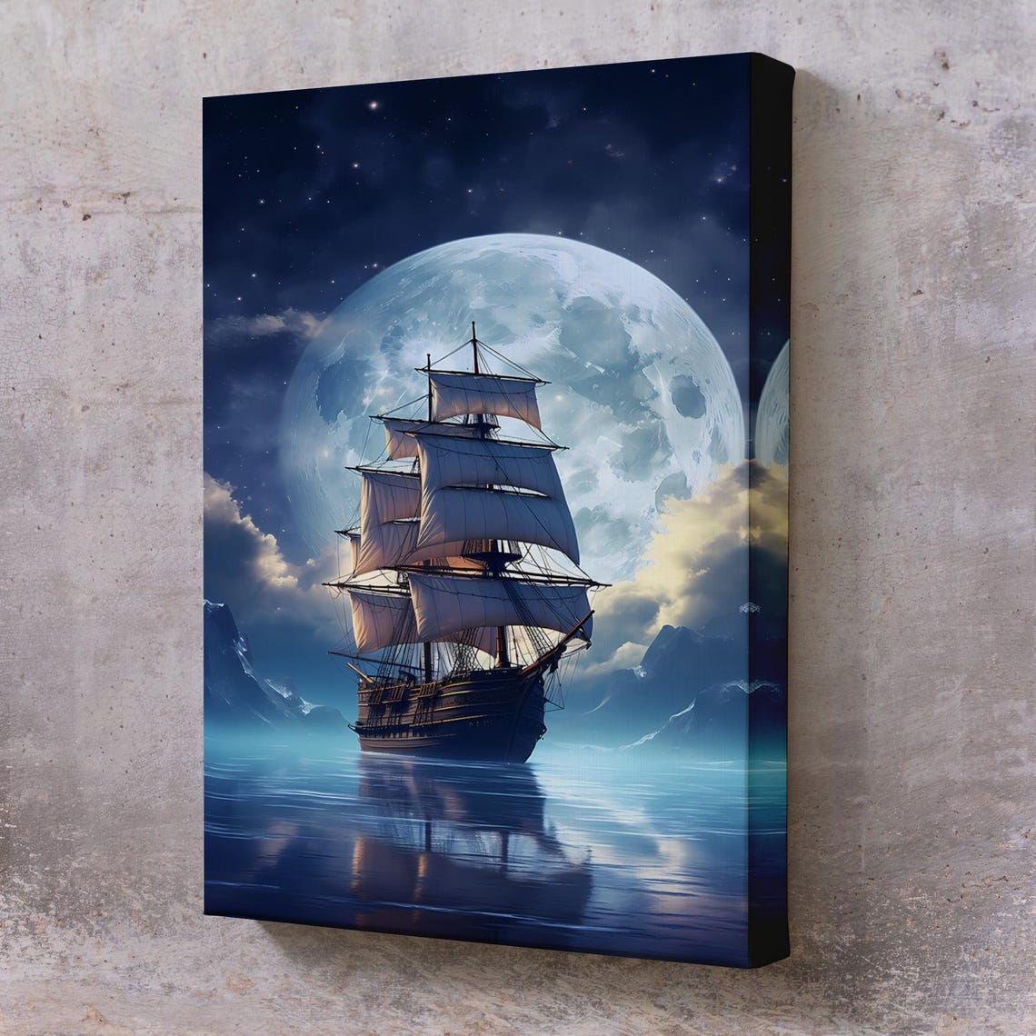 Tall Ship Sailing Under Giant Moon Night Ocean Dreamy Art Poster