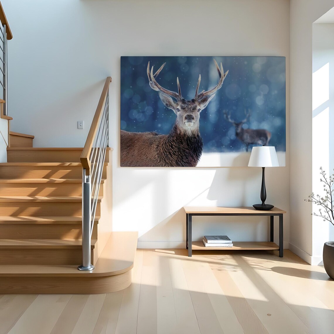 Majestic Stag Winter Snow Forest Close Portrait Blue Moody Wall Art - Image 2