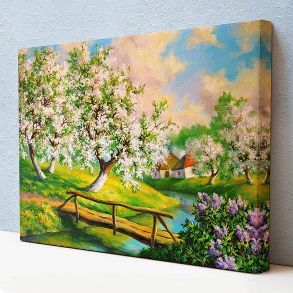 Spring Landscape With Stream Flowing Through The Village Wall Painting Nature Print Nature Decor Nature Art