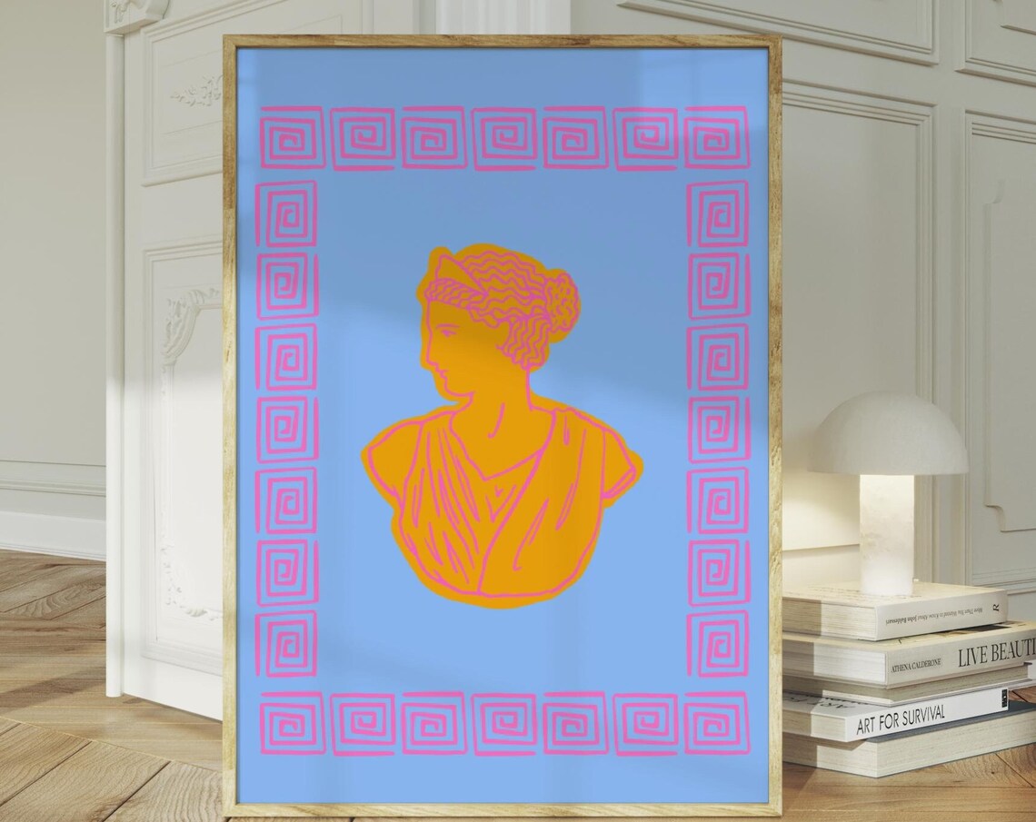 Golden Greek Bust Silhouette Poster on Blue with Pink Greek Key Border - Image 2